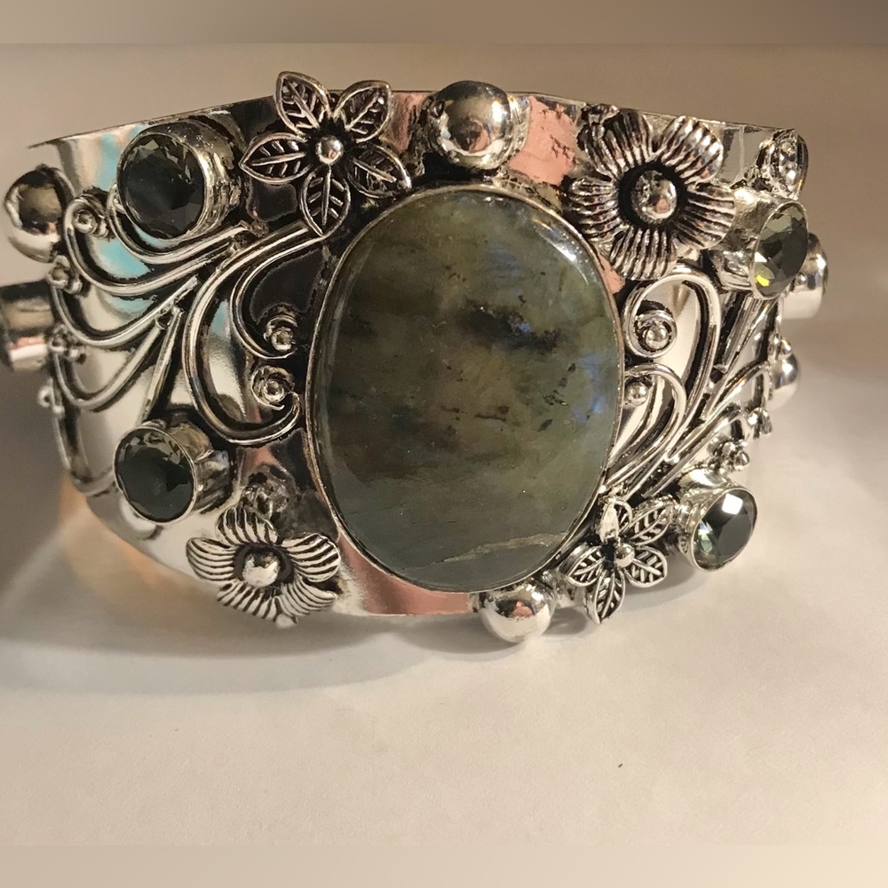 Labradorite Peridot Stamped Solid 925 Sterling Silver Cuff Bracelet